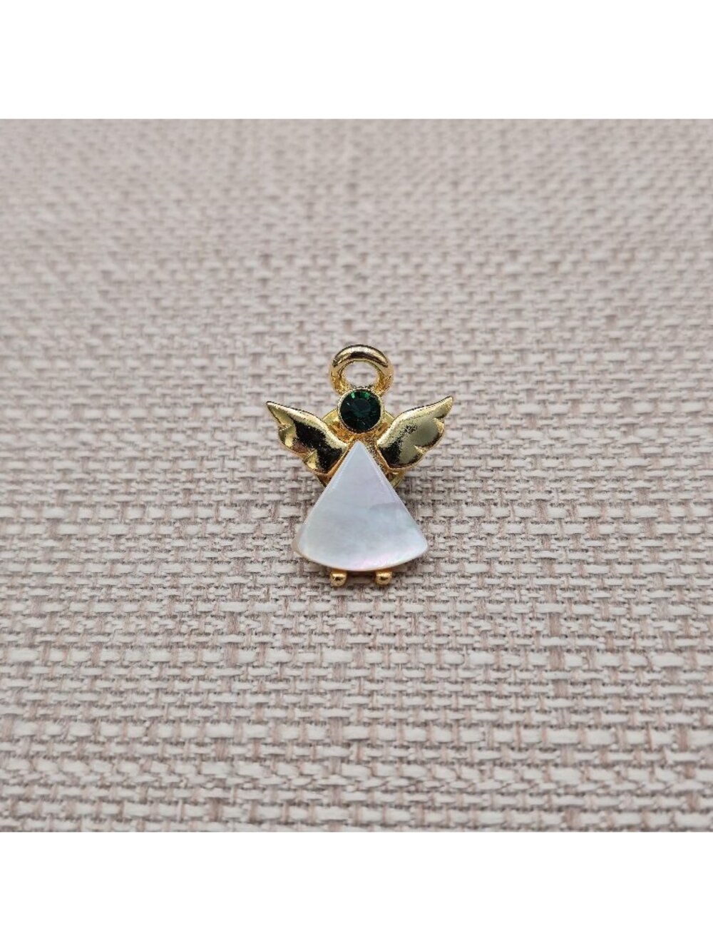 Vintage Guardian Angel Green Rhinestone Mother of Pearl Brooch Pin A8040